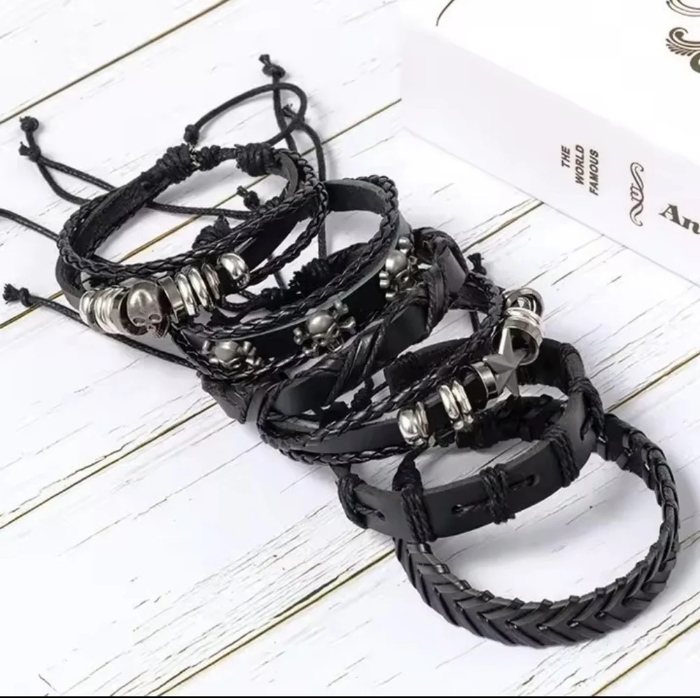 Men's Leather Bracelets Set Black Skulls‎ Stars Layered New f88